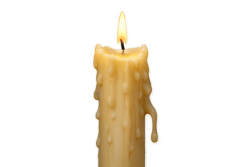 Burning candle flame glowing with melting wax drips