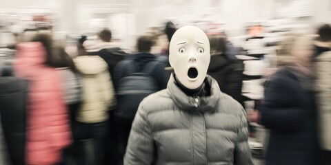 A Surreal Encounter in a Crowded Space that evokes a strong sense of anxiety and isolation