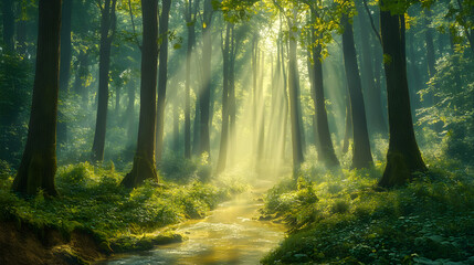 Fototapeta premium A Morning in the EnchantedForest - The Serene Beautyof Sun-kissed Woodlands atDawn