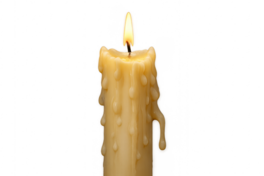 Burning candle flame glowing with melting wax drips