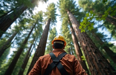Man in hardhat views tall trees forest. Inspector studies tree trunks in woodland. Forest worker with helmet explores nature. Deforestation specialist plans sustainable logging strategy. Ecological