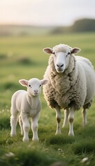 Obraz premium Sheep and Lamb Standing Together in a Green Pasture, with Soft Natural Sunlight and Shallow Depth of Field