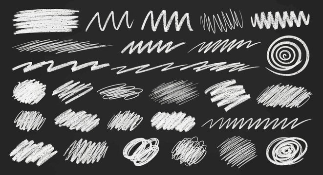 Collection of Chalk Brush Strokes Textures and Scribble Art Elements on Dark Background for Design Projects