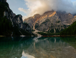 Lake Braies Neboli Pragser Wildsee are a lake in the Italian region of Jin Tirolsko, one of the most beautiful lakes in the Dolomites. Tourism concept.