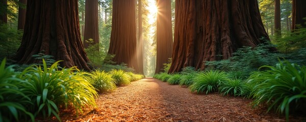 Forest path winds through giant redwood trees. Bright sunbeams pierce canopy, illuminating green undergrowth. Serene woodland trail invites exploration, connecting nature with peace. Tall trunks