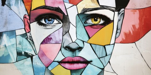An Artistic Abstract Portrait Artwork Featuring Geometric Shapes and a Variety of Colors