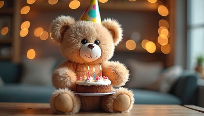 Fluffy teddy bear celebrates birthday with festive cake, hat. Happy plush animal toy sitting with dessert with candles on wooden table, blurred background. Festive birthday event concept at home.