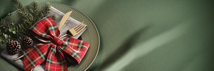 Christmas dinner concept design with copy space. Green plate with Christmas decoration. 3D Rendering, 3D Illustration	
