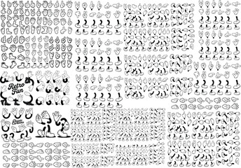 Retro cartoon legs and hands, Hands with gloves and feet with boots, various poses for characters, a set of poses, gestures, placement of hands and feet. Mascot character set. Cartoon set of limbs © Sabbir Rahman Sadid