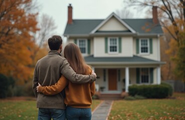 Young couple stands embracing, looking at their new house. They are first time home owners on an autumn day, with trees showing fall colors.