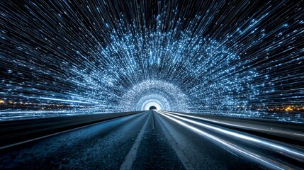 Tunnel vision, motion blur, blue streaks converge to a light source
