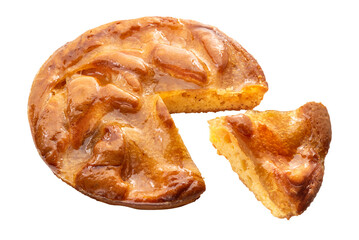 Apricot pie covered with apricot jelly, whole cake with slice cut out on white with clipping path included