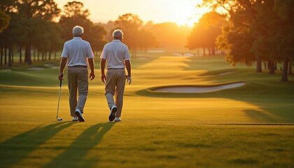 Two senior men stroll across golf course. They enjoy leisure activity at sunset. Friends play golf together at scenic location. Healthy retirement lifestyle at green grass field.