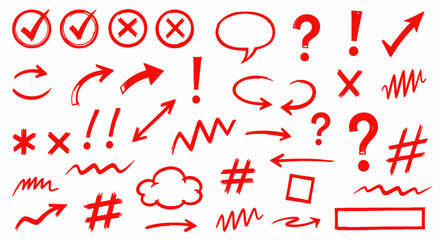 Collection of Red Hand Drawn Symbols and Symbols Indicating Checkmarks Crosses Arrows Question Marks Exclamation Points Hashtags and Speech Bubbles