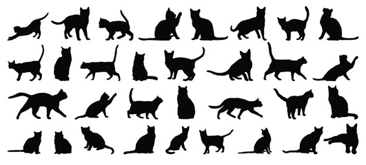 cat silhouette set. cat or kitty isolated farm animal silhouette icon vector collection