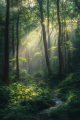 Obraz premium A Morning in the EnchantedForest - The Serene Beautyof Sun-kissed Woodlands atDawn