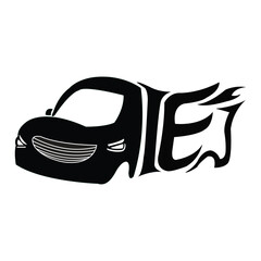 Black and white cartoon vector illustration of a fast sport car logo design