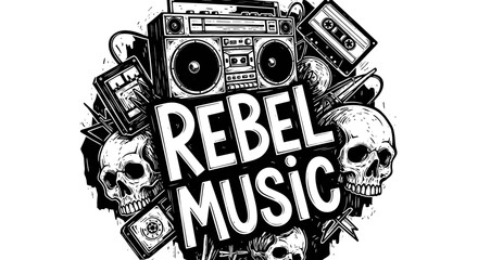 A Dynamic Illustration Featuring a Retro Boombox Surrounded by Cassette Tapes Skulls and Other Vintage Audio Equipment Symbolizing Rebel Music Culture