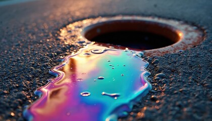 Bright iridescent oil leaks from rusty drain on dark asphalt. Colorful fluid spreads, creating vivid rainbow sheen across ground surface. Chemical spill clearly shows environmental pollution,