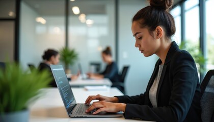 Woman works on laptop in office. She wears blazer. Lady sits at desk, types on keyboard. Colleagues at background. Concept of work at tech company coding.