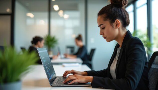 Woman works on laptop in office. She wears blazer. Lady sits at desk, types on keyboard. Colleagues at background. Concept of work at tech company coding. - Powered by Adobe
