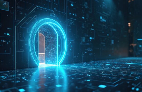 Futuristic digital portal with glowing blue light design. Represents access to tech data cyberspace network. Illustration concept of innovation progress and digital transformation.
