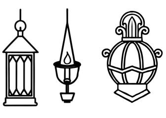Bundle of four black vector designs featuring decorative candles and elegant lanterns for scalable graphics silhouette White background