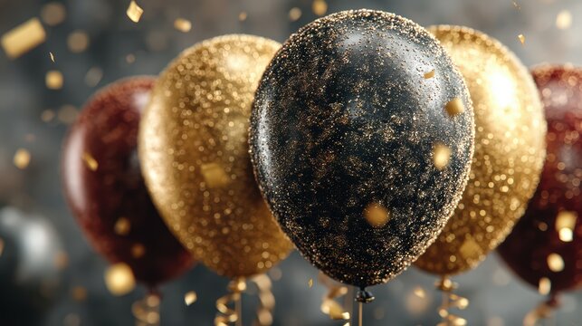 Elegant black gold and red balloons sparkle with glitter amidst falling golden confetti for a festive celebration