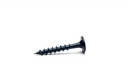 A single black screw lies diagonally on a clean white background — sharp, minimalist, and symbolic of construction, precision, or industrial design.