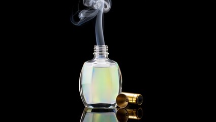 A glass perfume bottle with iridescent liquid emits a delicate wisp of smoke against black, its golden cap resting beside — elegant, mysterious, and evoking luxury and scent.