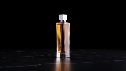 A sleek, transparent perfume bottle with amber liquid and a silver cap stands on a dark reflective surface, glowing subtly against black — minimalist luxury.
