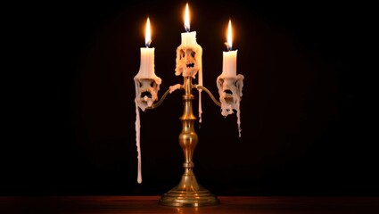 An ornate brass candelabra holds three lit candles with melting wax, casting a warm glow against a dark background — elegant, vintage, and atmospheric.