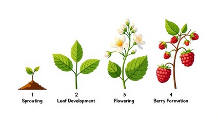 Four-stage illustration of strawberry plant growth: sprouting seed, leaf development, flowering, and berry formation — a clear, educational visual guide to fruit maturation.