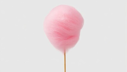 A fluffy pink cotton candy swirl perched on a thin stick, floating against a soft white background — sweet, whimsical, and delightfully nostalgic.