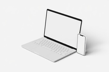A sleek silver laptop with blank screen sits beside a matching smartphone on a clean white surface, showcasing minimalist tech design and modern productivity.