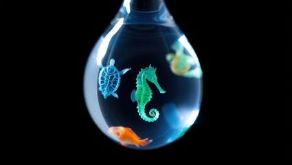 A teardrop-shaped glass orb contains tiny, colorful sea creatures — a green seahorse, blue turtle, and orange fish — glowing against a dark background, like a miniature ocean world.