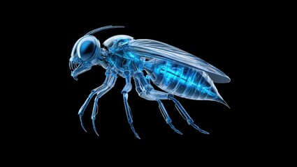 A translucent, glowing blue insect with detailed wings and legs, set against a black background, resembling an X-ray or digital rendering.