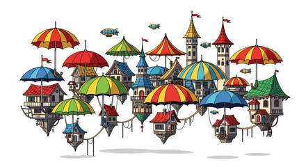 Illustration of whimsical flying houses with colorful umbrellas and airships in a fantasy landscape scene
