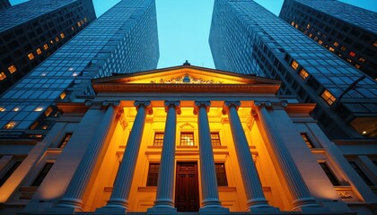 Obraz premium Imposing bank building with classical columns is lit at dusk. Modern skyscrapers rise behind it. City architecture contrasts old and new styles.