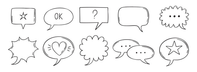 Outline comic speech bubbles set. Dialogue, doodle chat communication, discussion element. Message frame symbol drawing