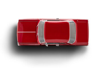 Top view of a red colored muscle model toy car photographed on a transparent background.