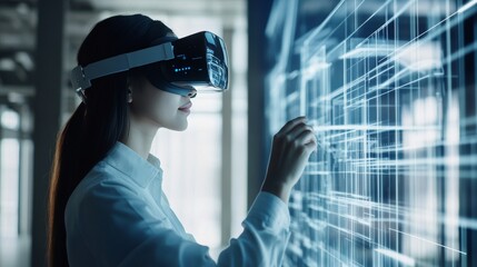 Female architect with ar headset inspects building hologram, asian engineer uses virtual plan