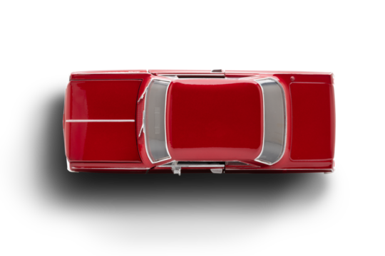 Top view of a red colored muscle model toy car photographed on a transparent background.