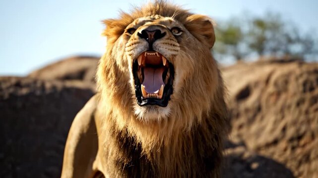 Lion walking confidently in rocky environment, displaying strength with wide-open mouth. Bright sunlight highlights majestic features in wild setting
