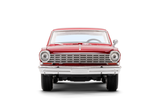 Front view of a Red colored muscle model toy car photographed on a transparent background