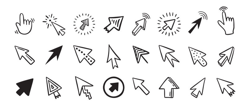 Cursor doodle icon set. Click cursor hand drawn set. Isolated mouse cursor 
