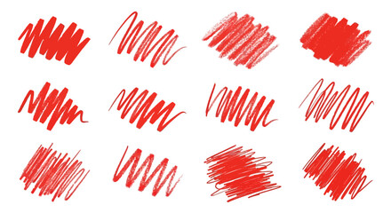 Obraz premium Collection of twelve vibrant red scribbles indicating artistic expression and creative mark making suitable for design elements