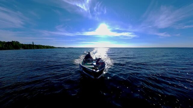 Bass fishing at the golden hour evening in lake of Manitoulin Island. Fishing in fresh Canadian waters. Fast gliding of floating boat on the lake to the fishing spot. Peaceful vacation.