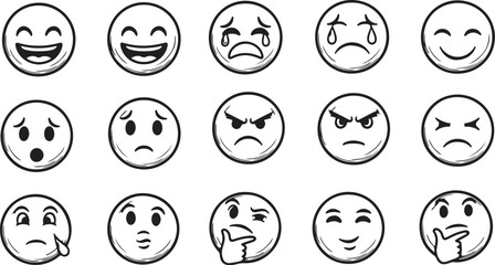 Collection of Hand Drawn Emoji Faces Showing Diverse Emotions emoticon expression on white background also transparent background