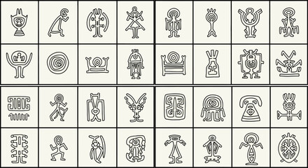 Naklejka premium Ancient Hieroglyphic Symbols Collection Depicting Mythological Creatures Animals and Abstract Designs